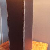 Tall cubic brown leather lamp, light gray fabric lampshade