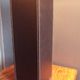 Tall cubic brown leather lamp, light gray fabric lampshade