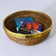 Rattan and brass basket, Italy, 1970s, 32 cm diameter