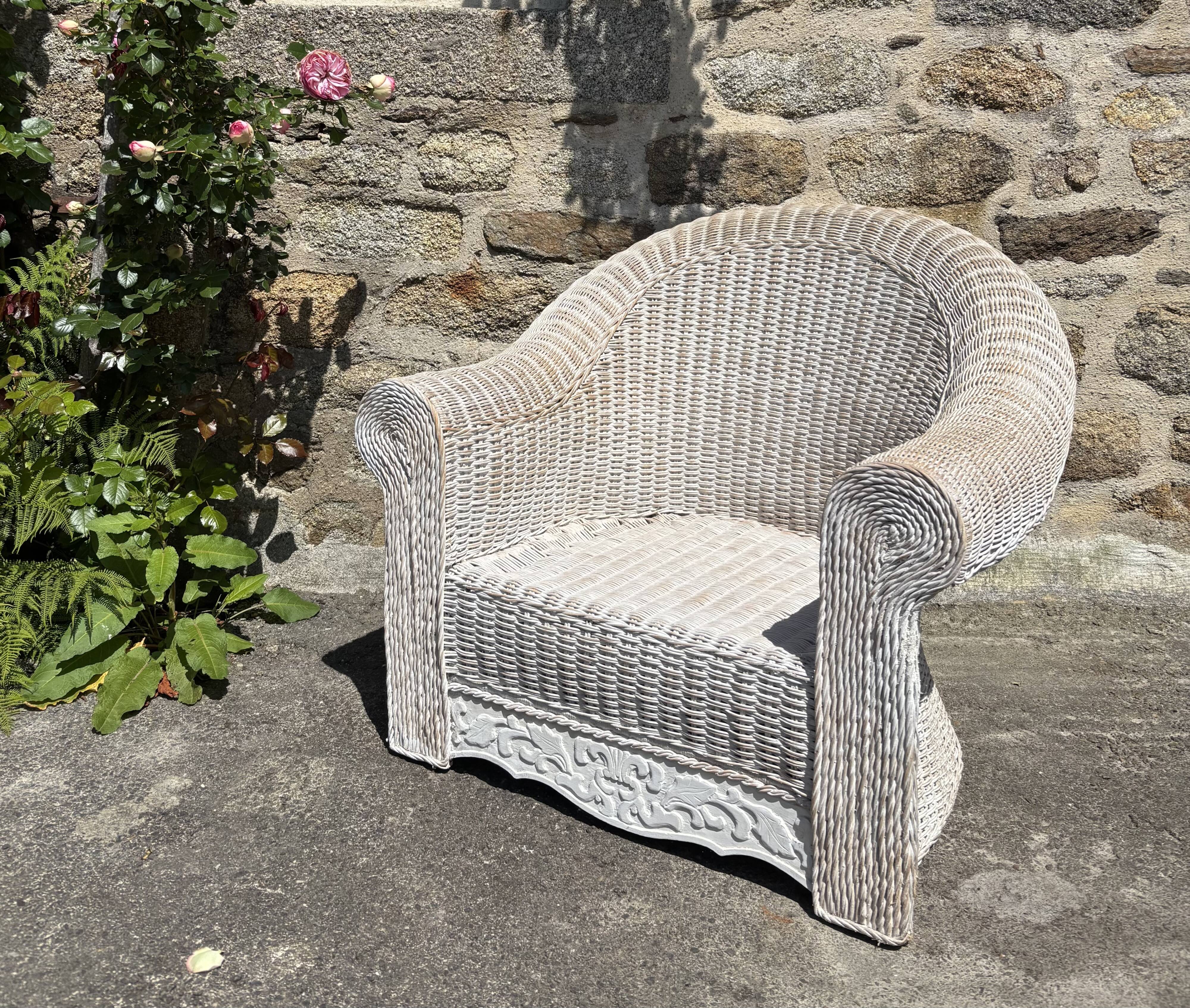 Large painted wicker armchair, 20th century, winter garden