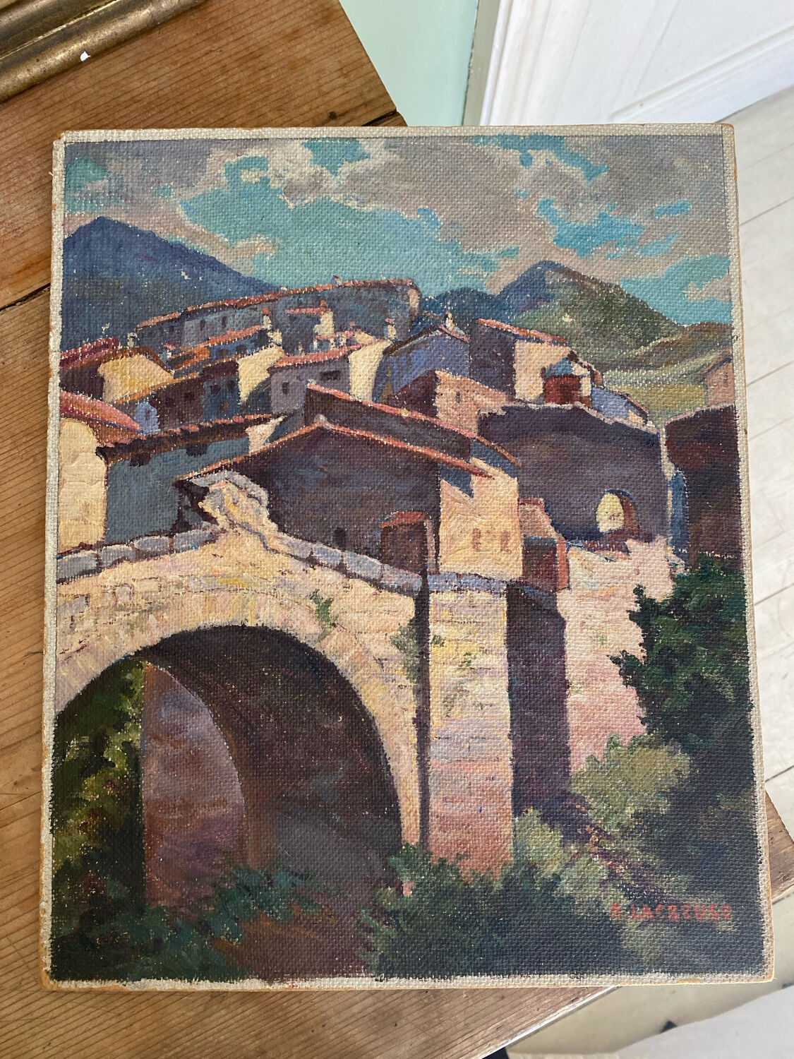 Painting signed sunny village soft colors