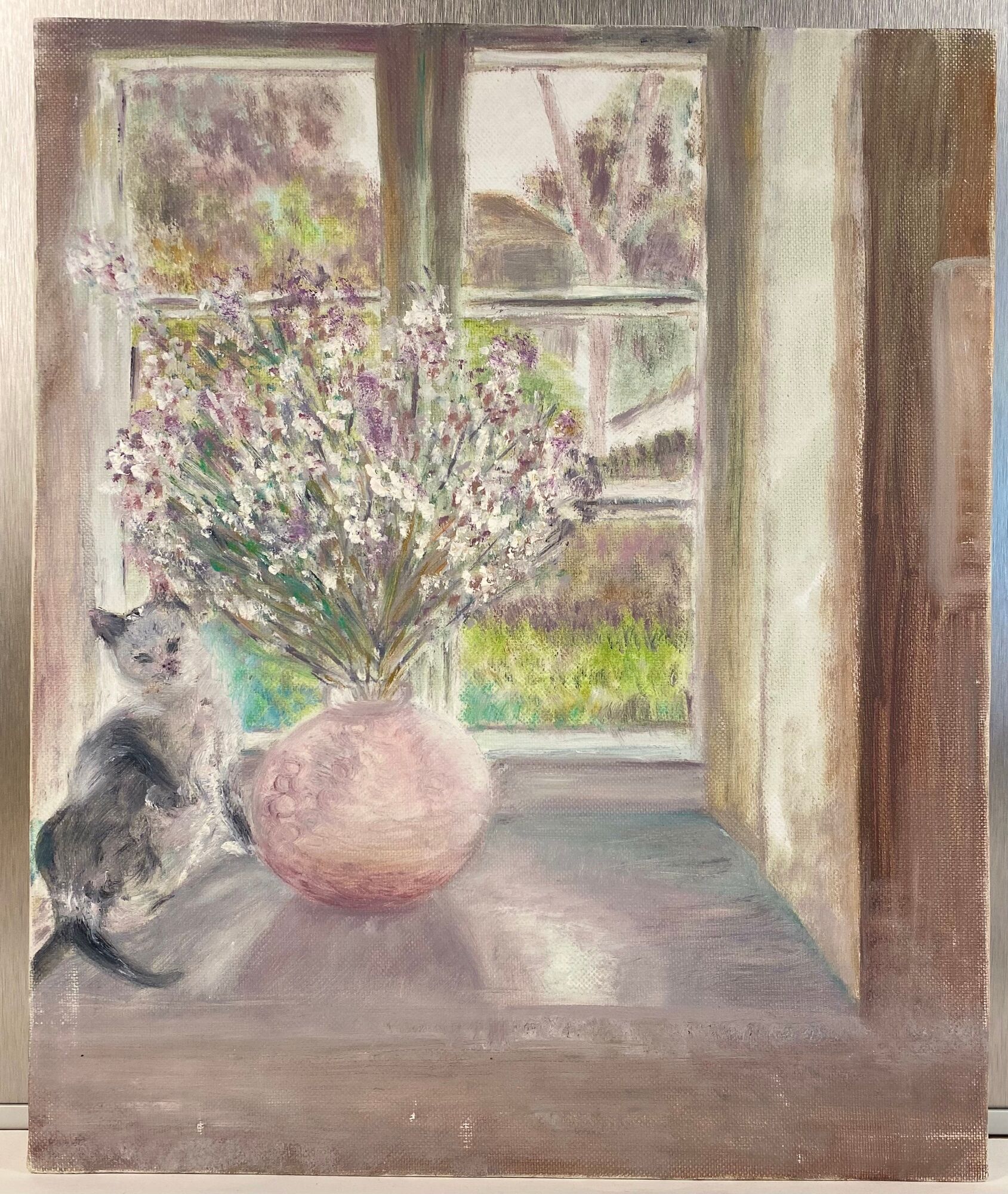 Old painting, still life with bouquet of flower and cat 80s