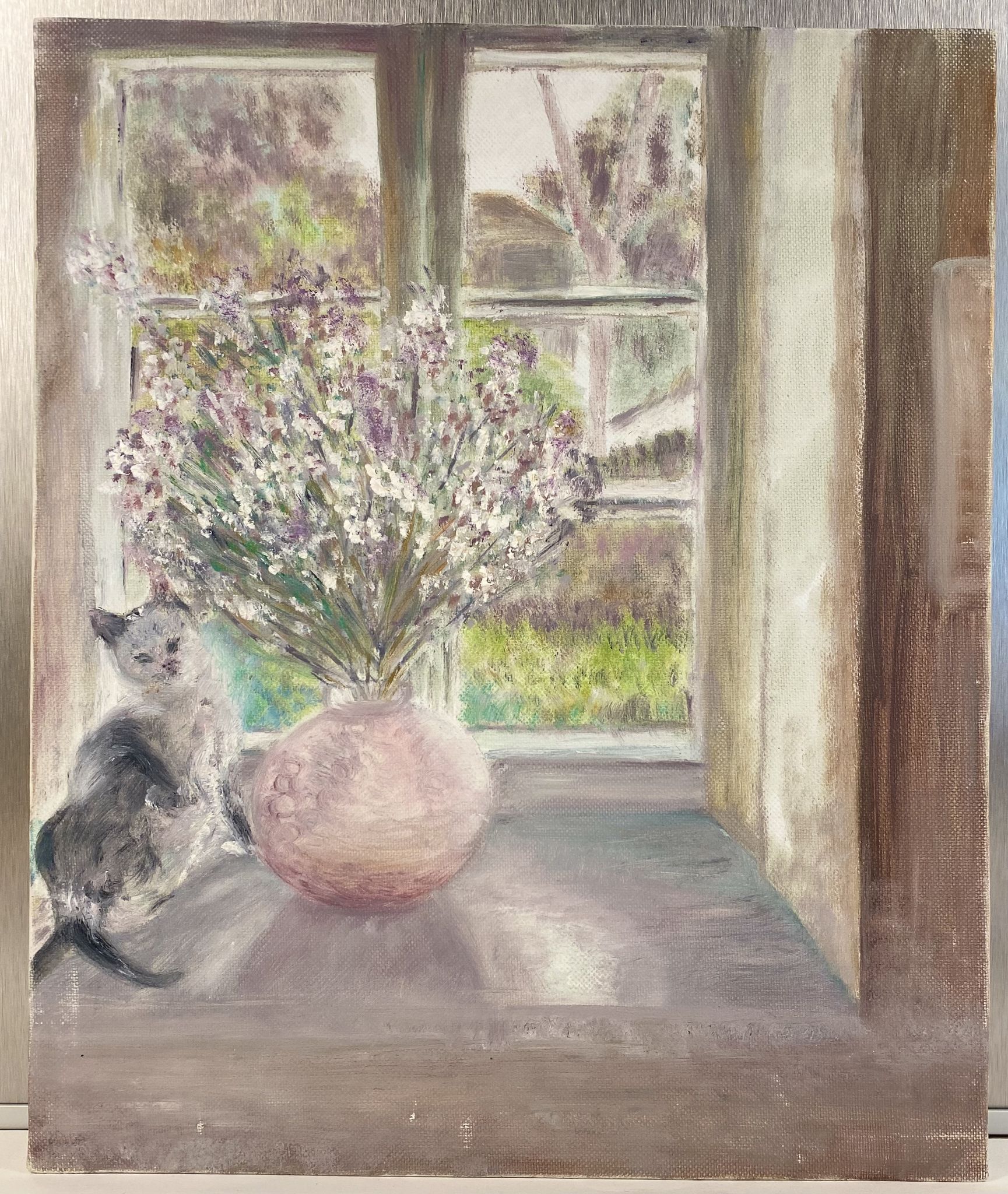 Old painting, still life with bouquet of flower and cat 80s