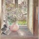 Old painting, still life with bouquet of flower and cat 80s