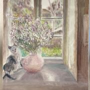 Old painting, still life with bouquet of flower and cat 80s