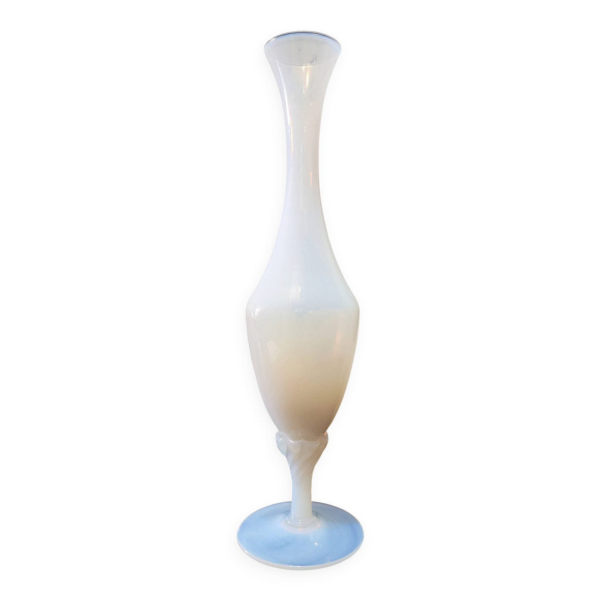 Vintage white opaline soliflore vase with blue reflections and twisted foot.