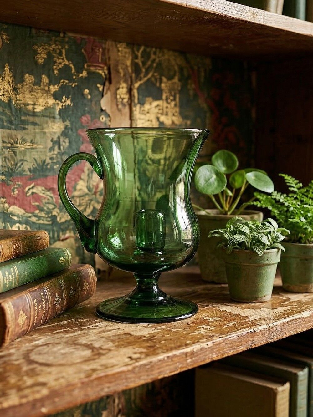 Large vintage green blown glass lantern, 1960s-70s.