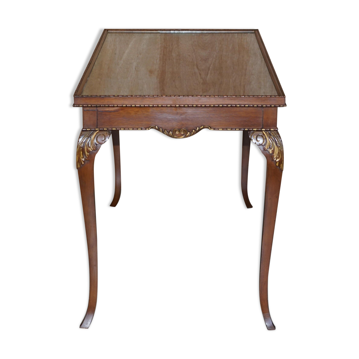 Table d'écriture vintage en bois dur avec dessus en verre brodé de soie
