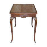 Table d'écriture vintage en bois dur avec dessus en verre brodé de soie