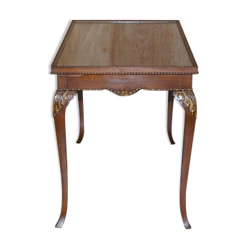 Vintage writing table made of hardwood with a glass top embroidered with silk.