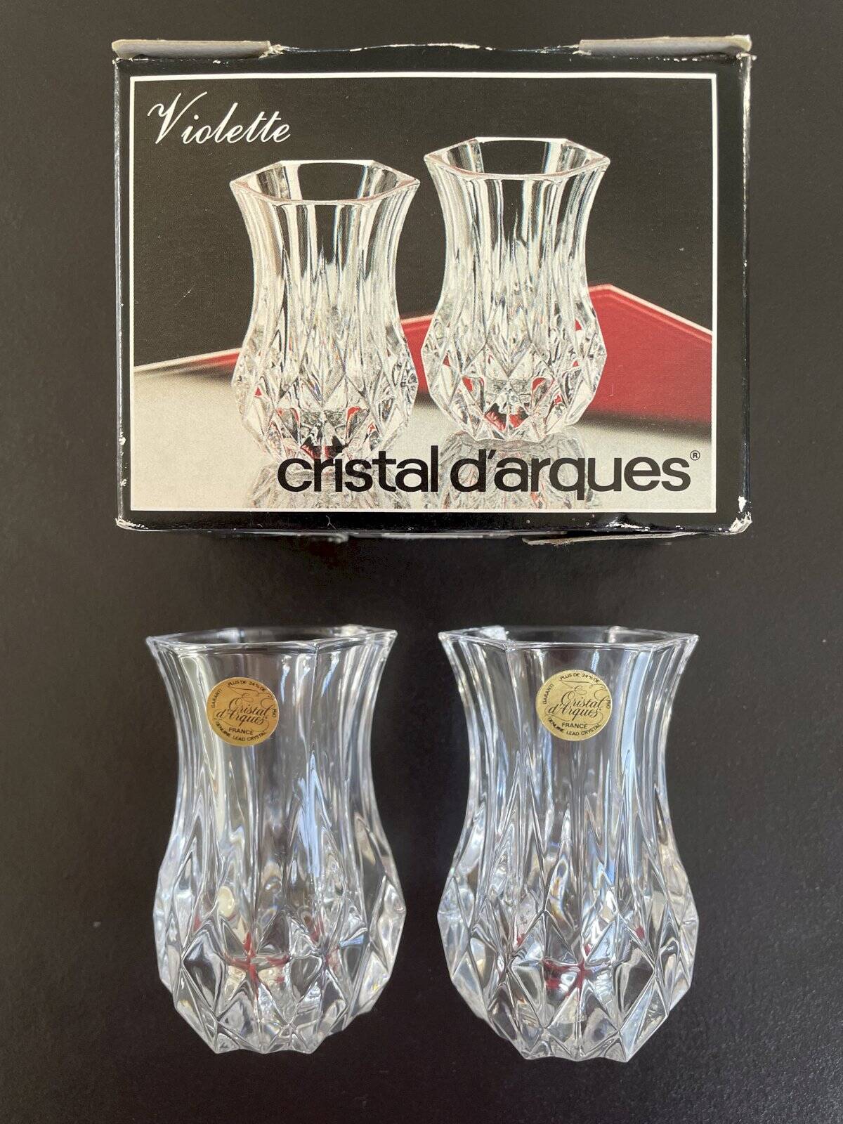 2 Violette Cristal d’Arques vases Height 8 cm and their original box