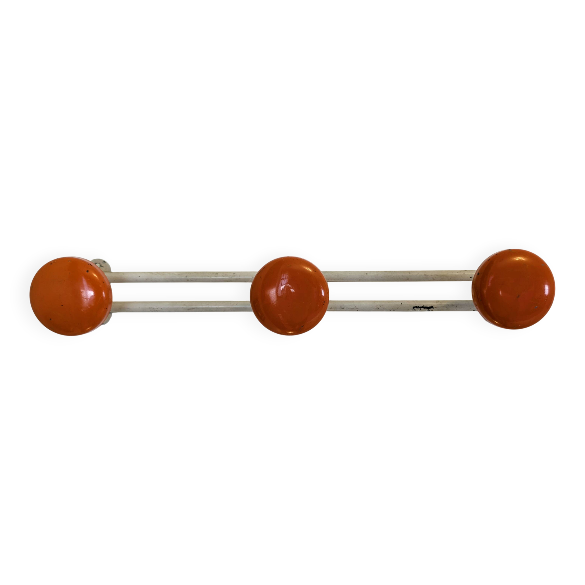 Vintage orange triple coat hook — metal and lacquered discs from the 60s/70s