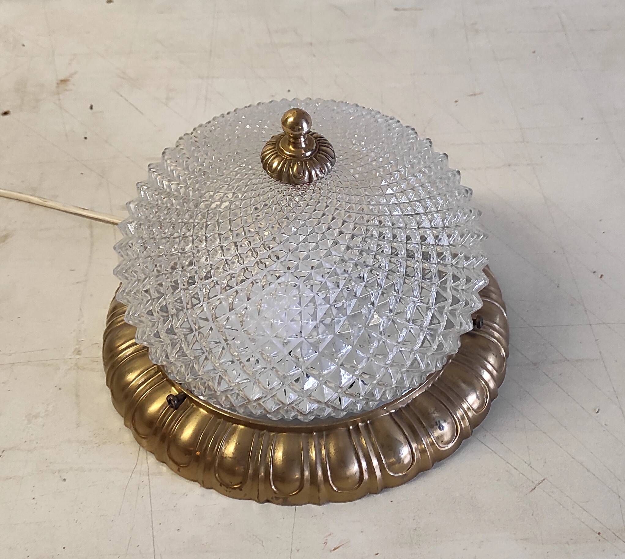 Golden brass ceiling light with diamond-shaped moulded glass - 1980s