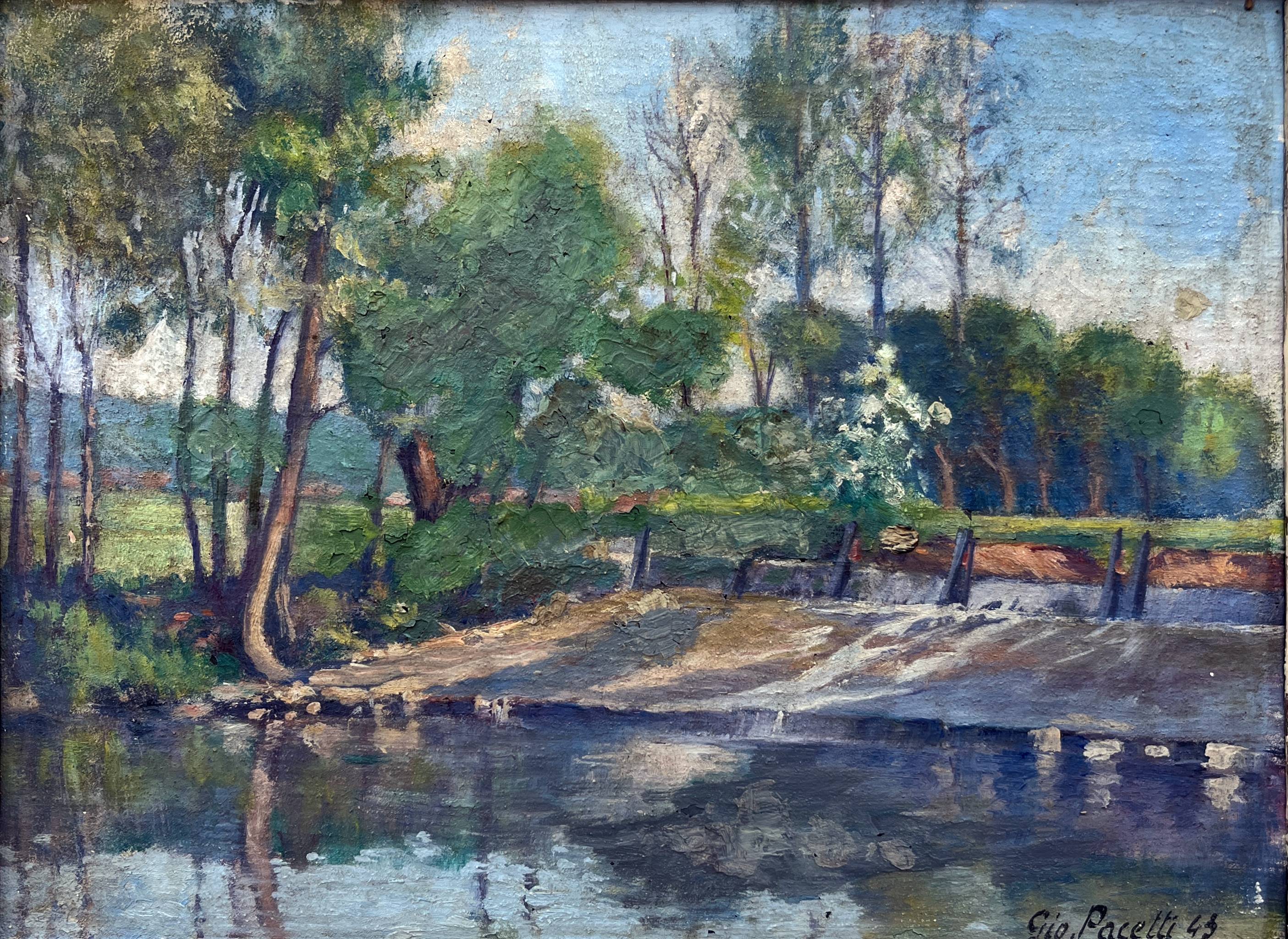 Oil painting "Landscape with River and Weir" signed GIO Pacetti 1943