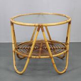 1960s Italian rattan coffee table with glass top, mid-century round design