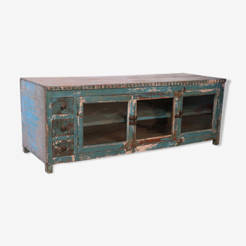 Ancien buffet bas, meuble tv en teck birman patine bleue d'origine