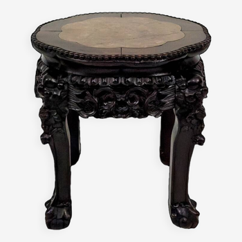 Asian wooden stand carved with Demons, marble top, Indochina, circa 1880