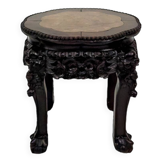 Asian wooden stand carved with Demons, marble top, Indochina, circa 1880