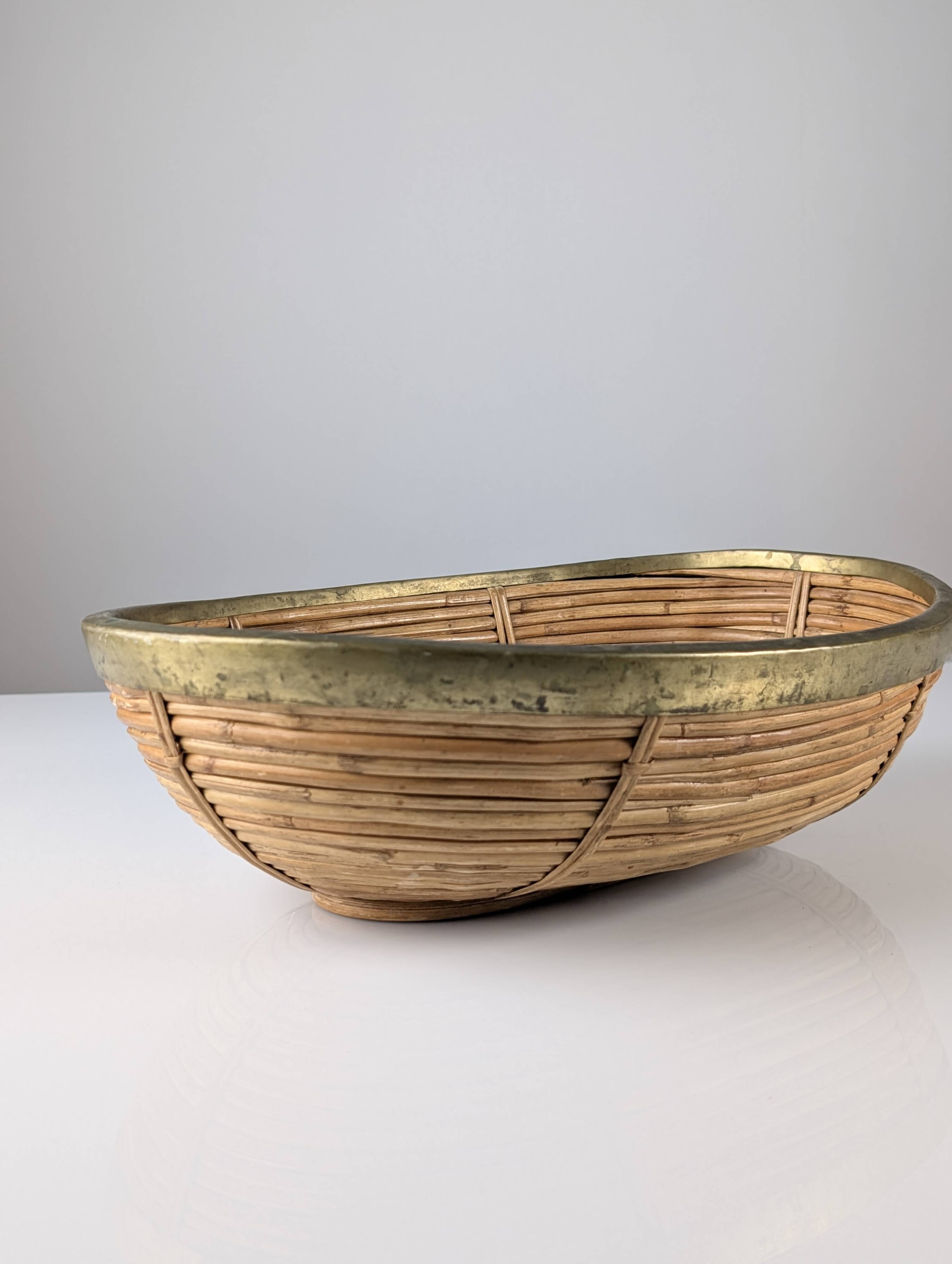 Italian oval rattan and brass centerpiece, mid-century style, 1970s