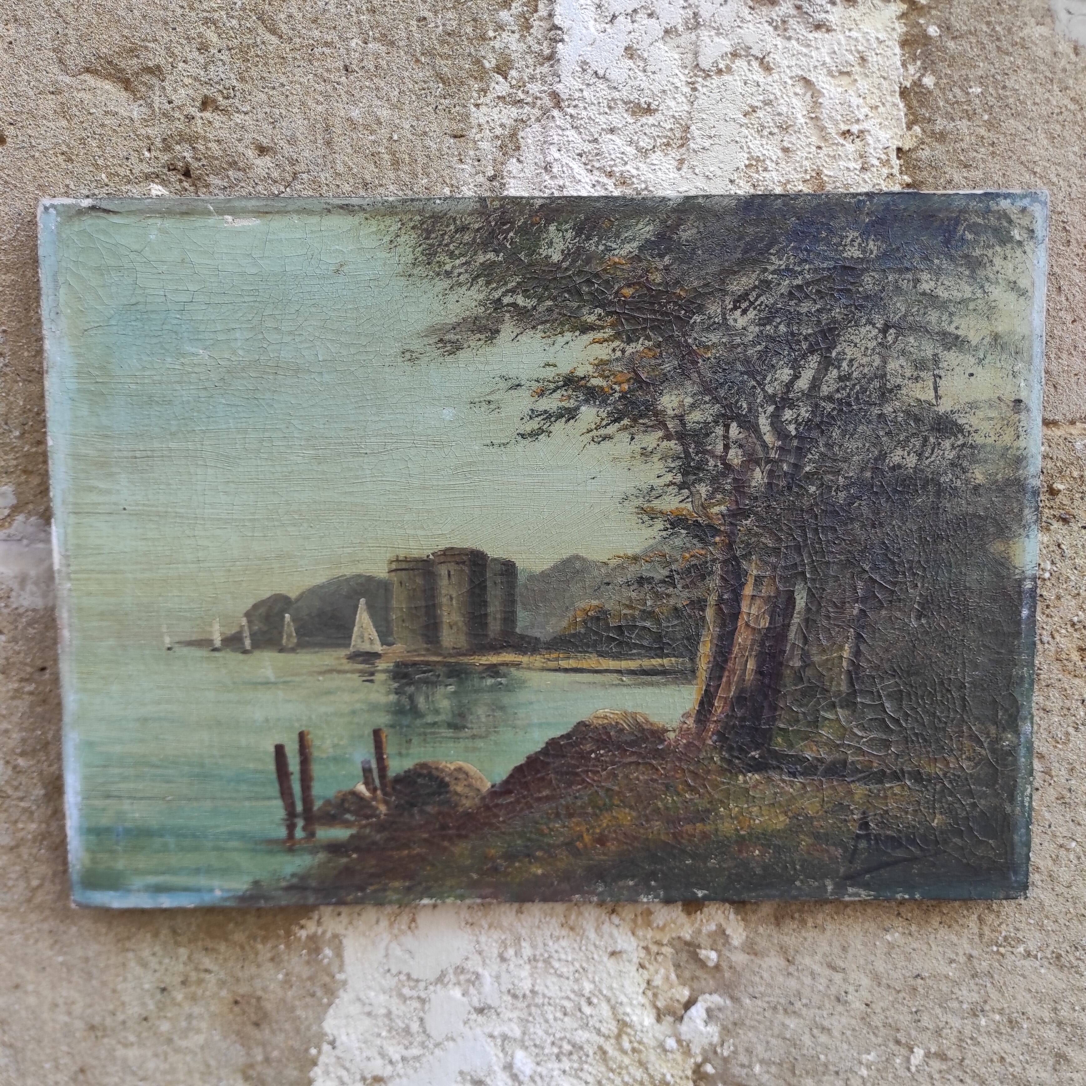 French vintage oil painting, signed Andreu. Chateau de St. Honorat