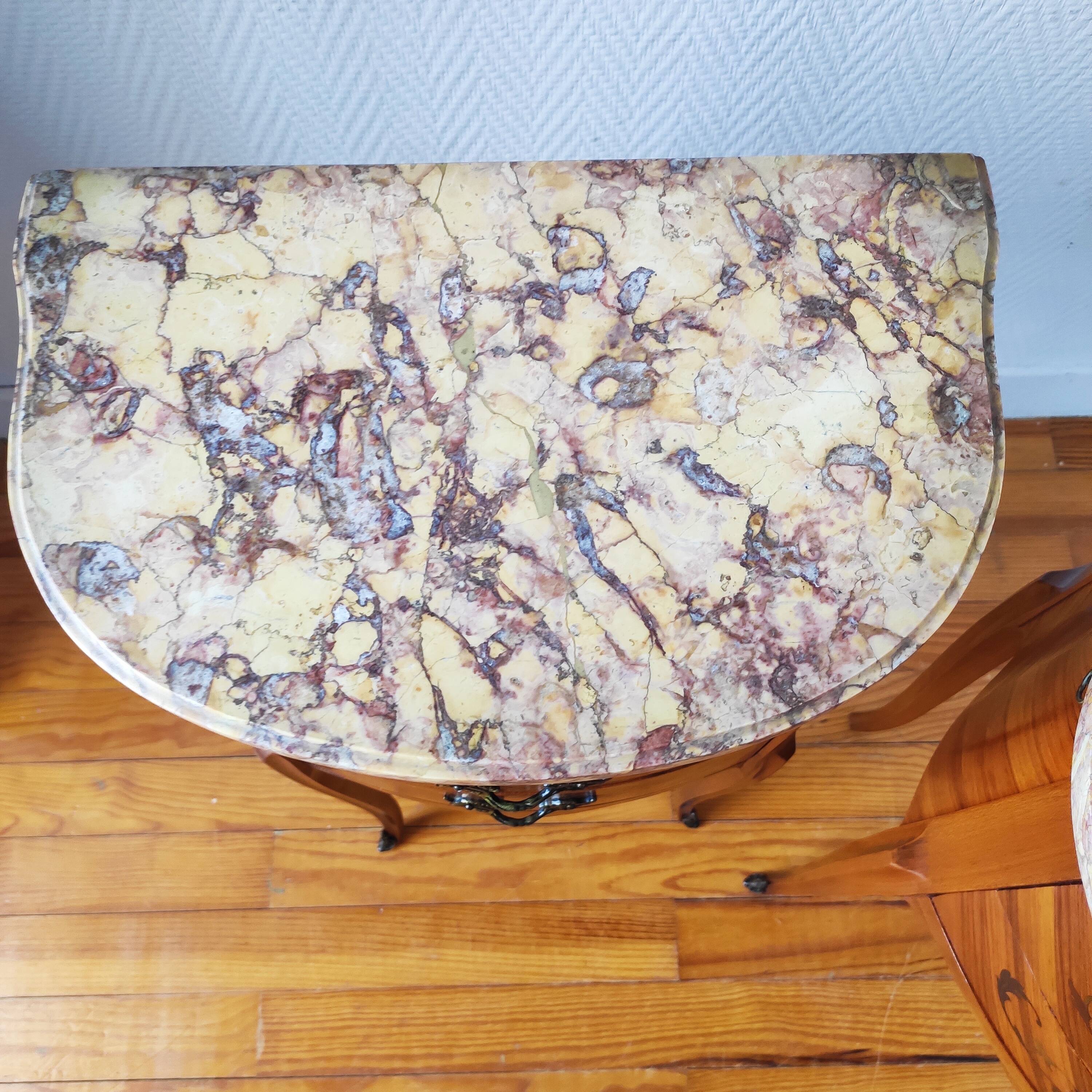 Pair of Louis XV style bedside tables with marquetry and marble.