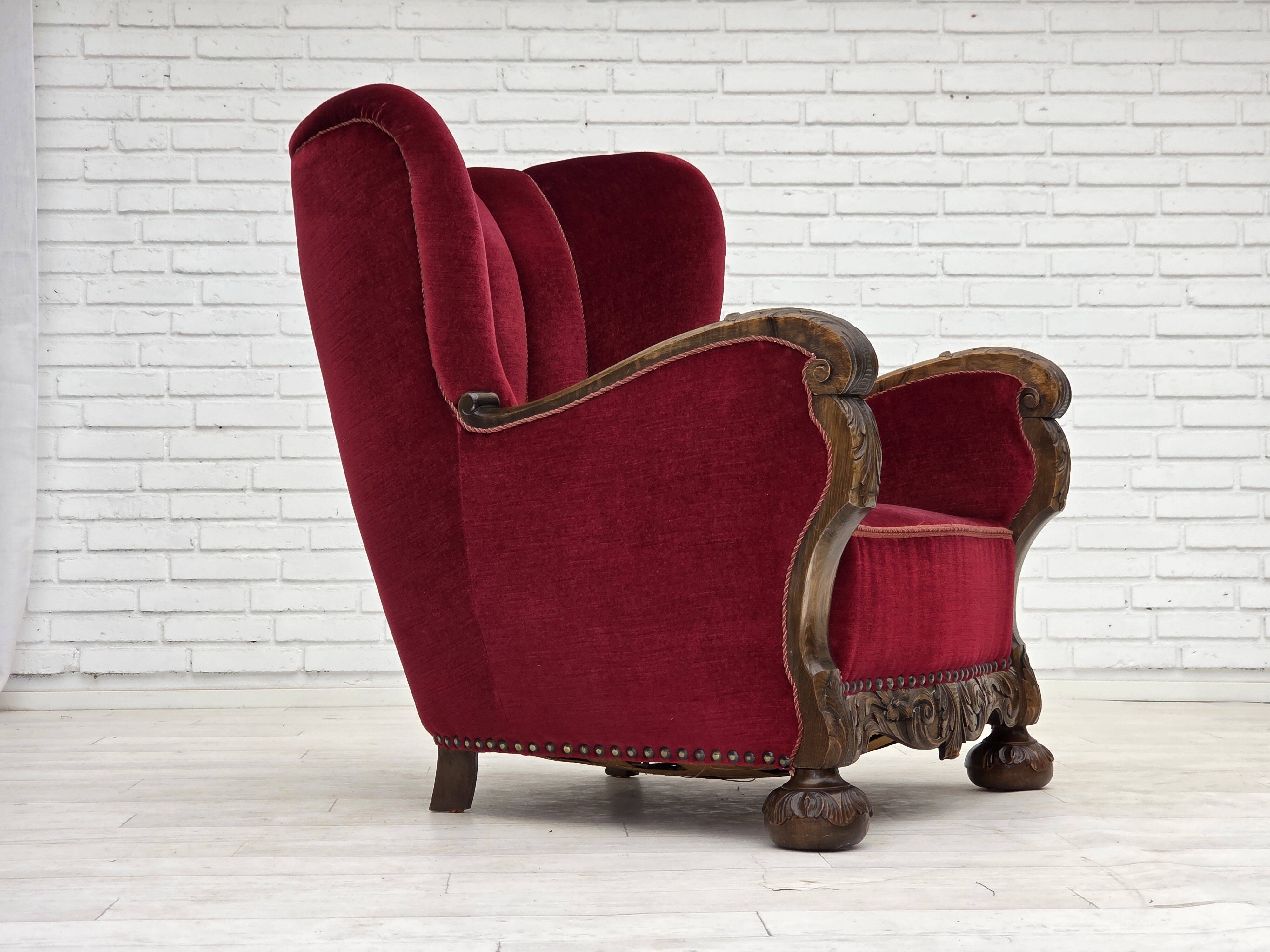 1960s, Danish relax chair, cherry-red furniture velour, oak wood.