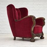1960s, Danish relax chair, cherry-red furniture velour, oak wood.
