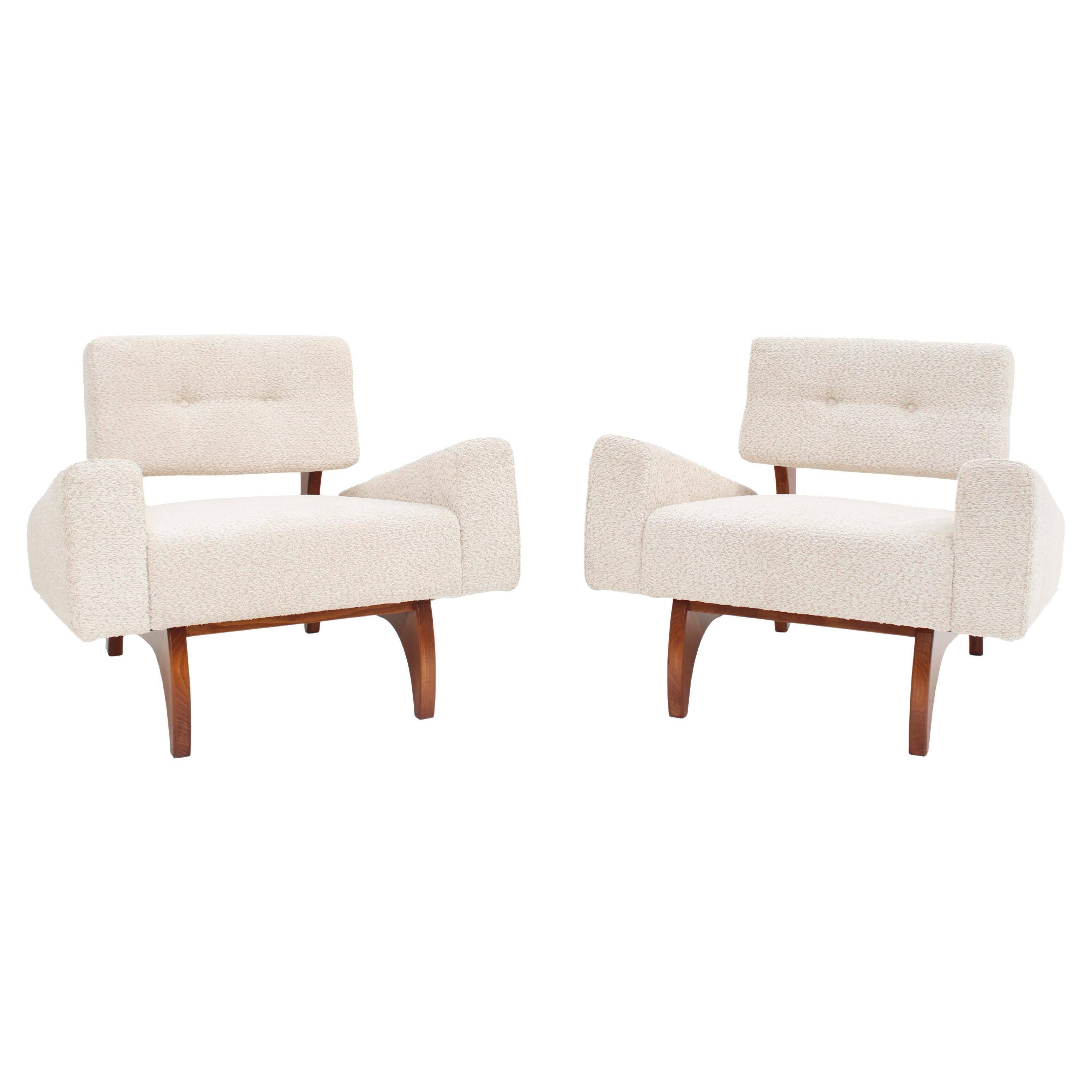 Pair of Italian Contemporary Walnut Armchairs with White Bouclé Upholstery