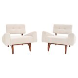 Pair of Italian Contemporary Walnut Armchairs with White Bouclé Upholstery