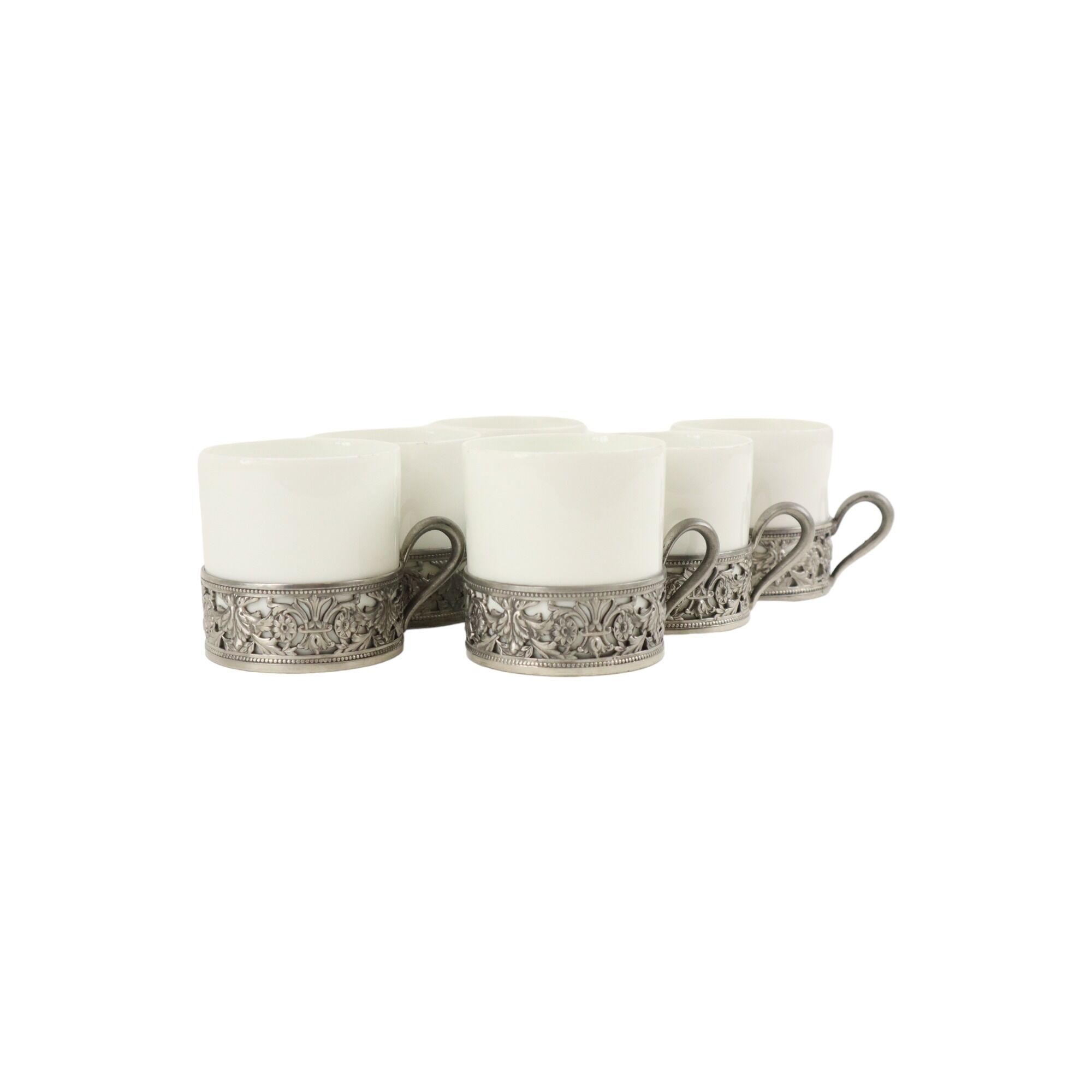 Vintage Set of 6 Pewter Cup Holders with Limoges Porcelain Cups