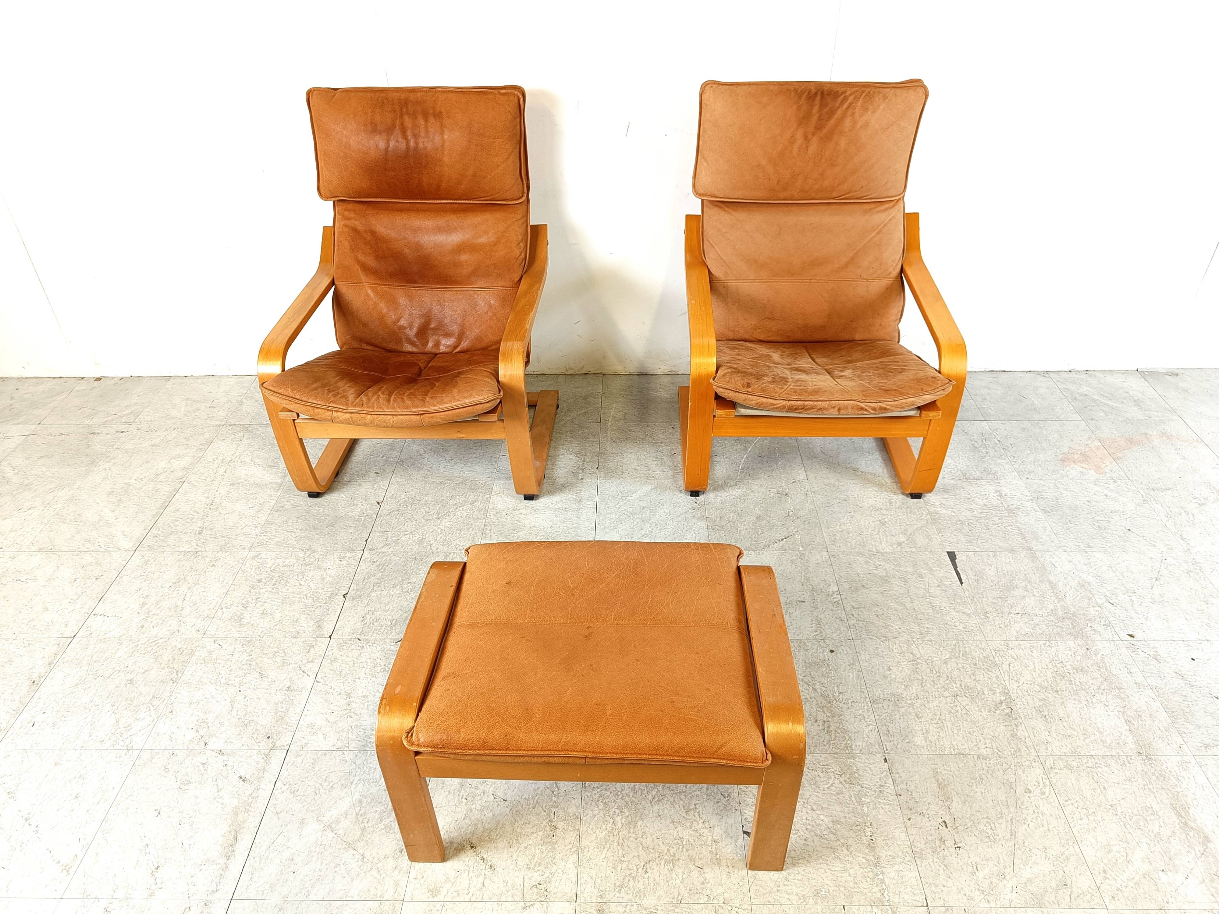 Leather Poäng Chairs & Footrest by Noboru Nakamura for IKEA, 1990s