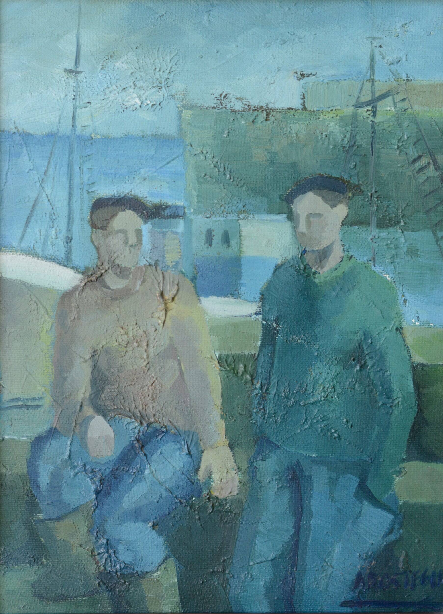 Two fishermen - cubist influenced oil - jose ramon arostegui