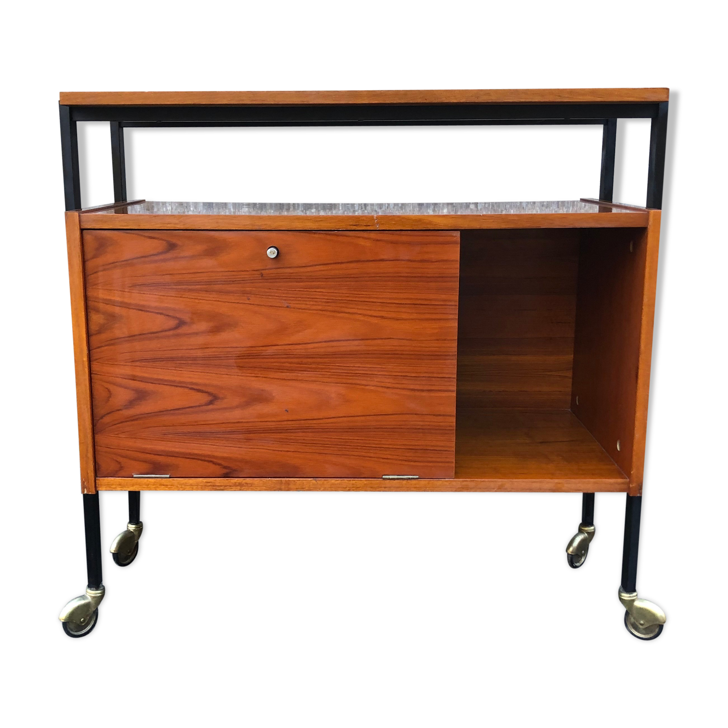1960 wheeled furniture wood and black metal