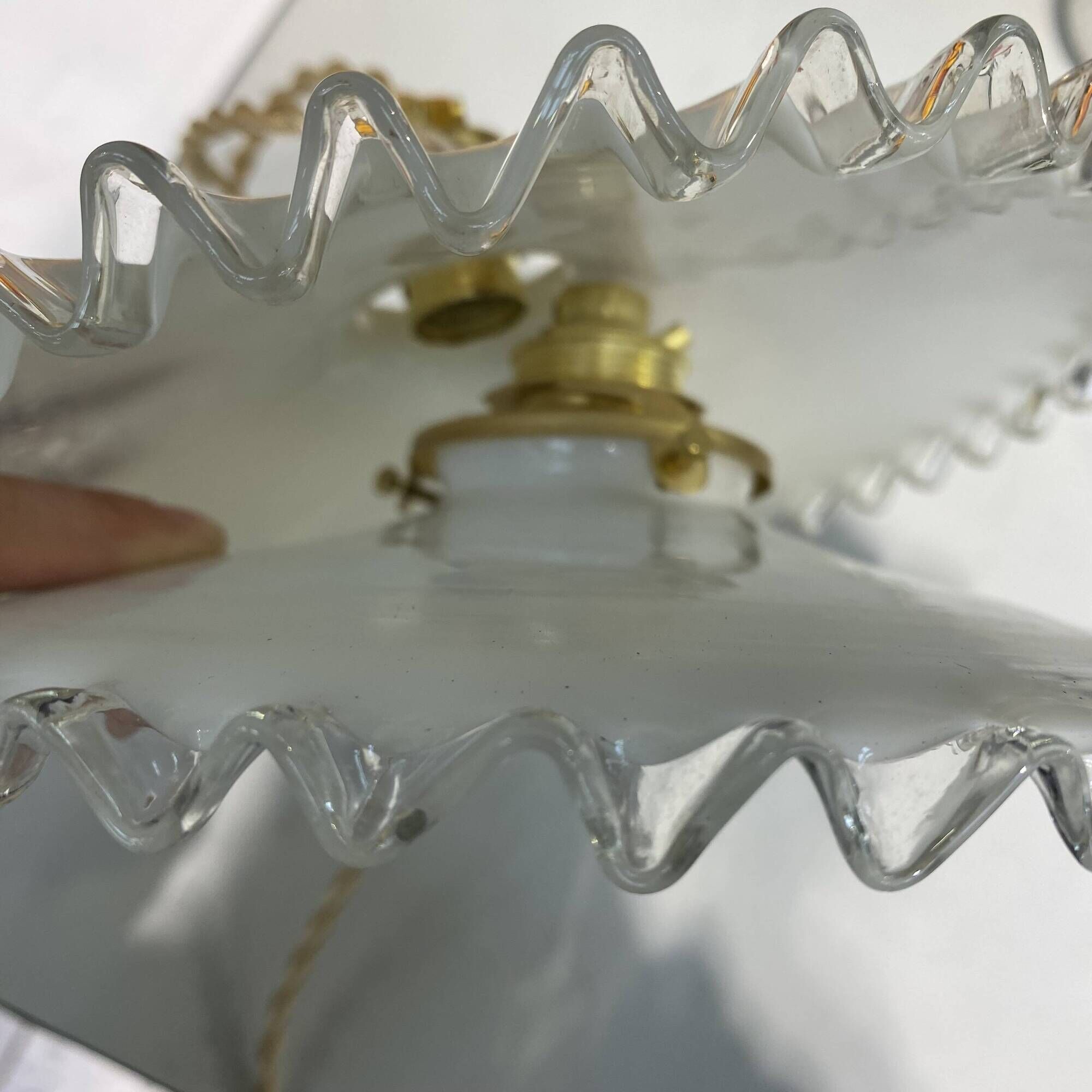 Pair of vintage pendant lights in white opaline and transparent serrated edges