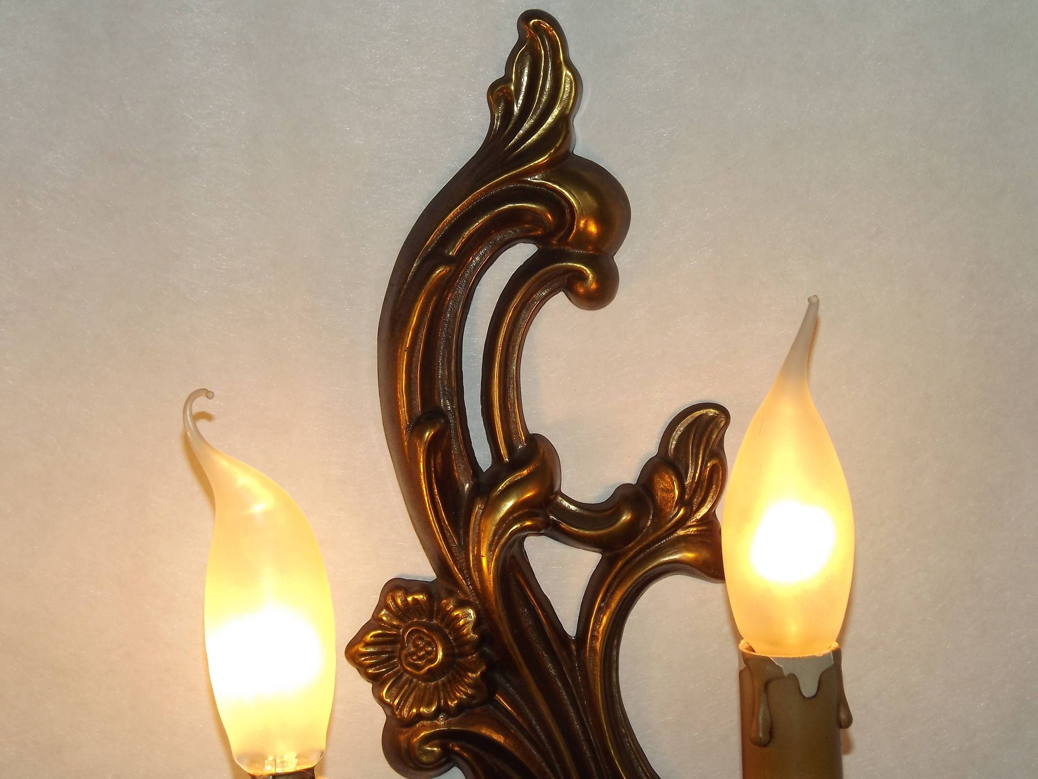 Pair Vintage French Bronze Double Wall Lights Acanthus Leaf & Flower Detail