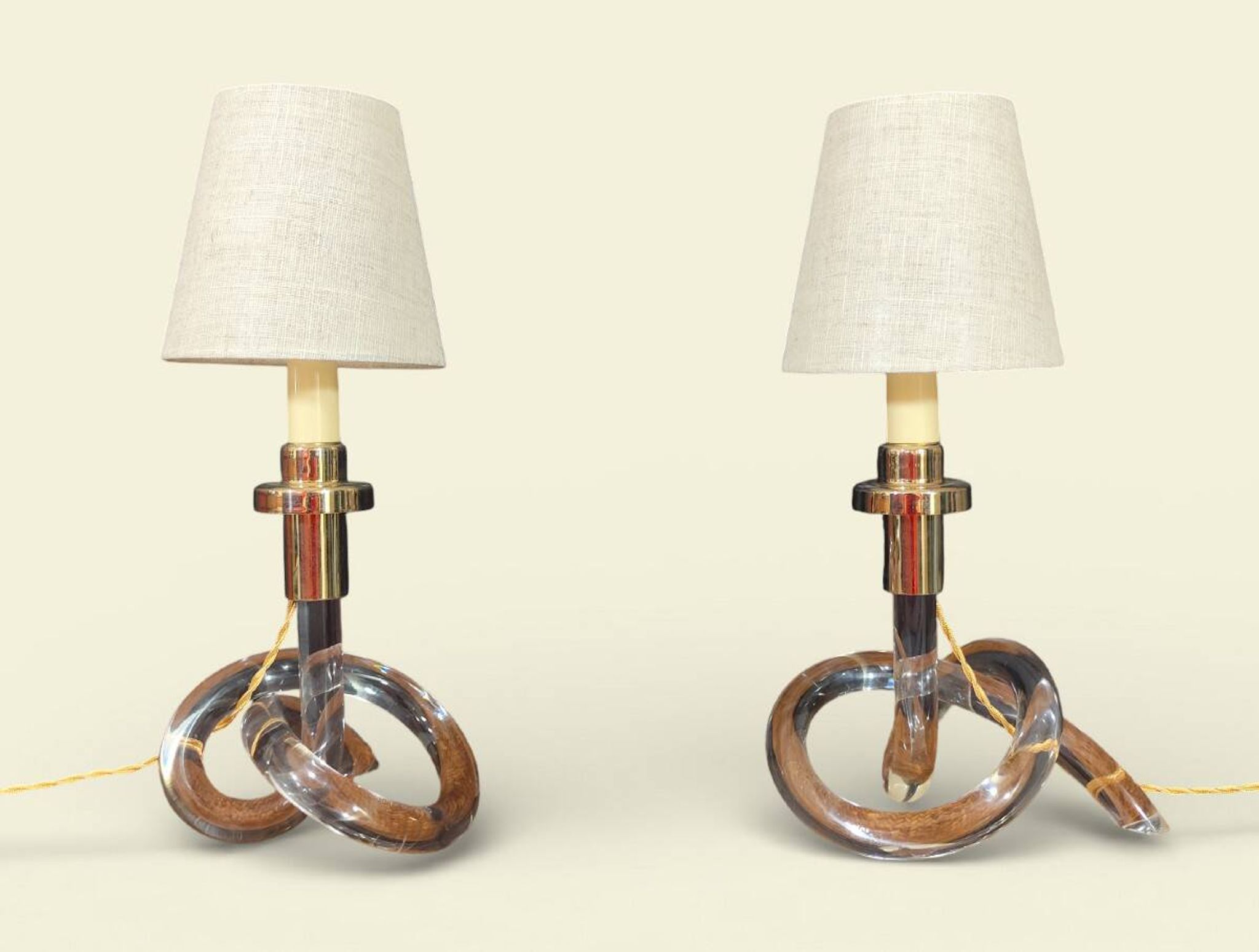 Pair of "Bretzel" lamps in lucite and brass, by Dorothy Thorpe (1901)