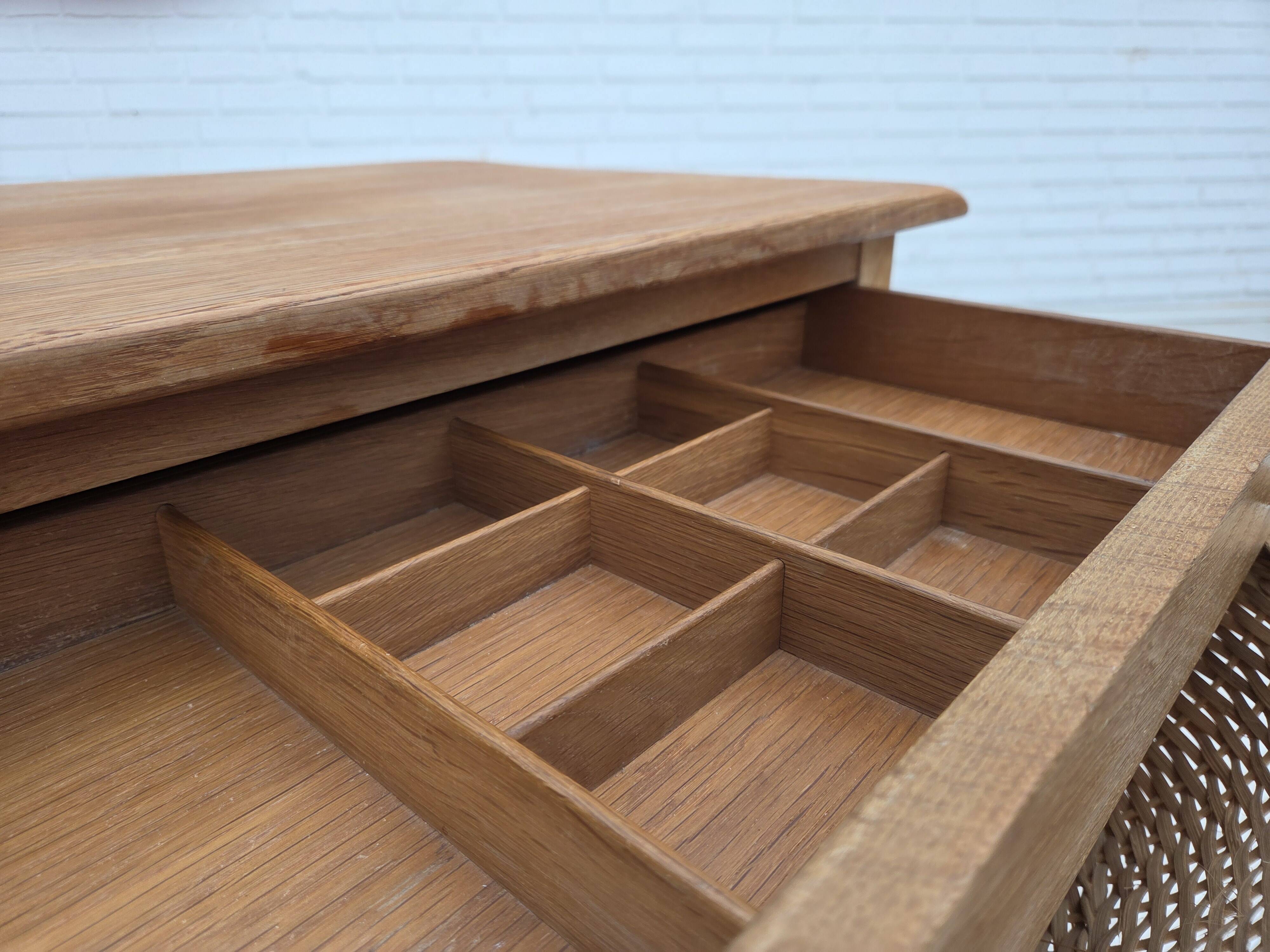 1970s, Scandinavian side table with drawers, solid oak wood, rattan.