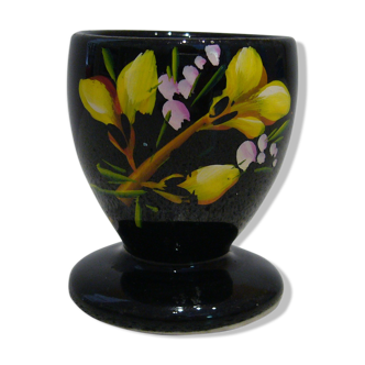 Black egg cup with hand-painted floral decoration