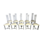 10 chaises de salle à manger en laiton et lucite, années 1970