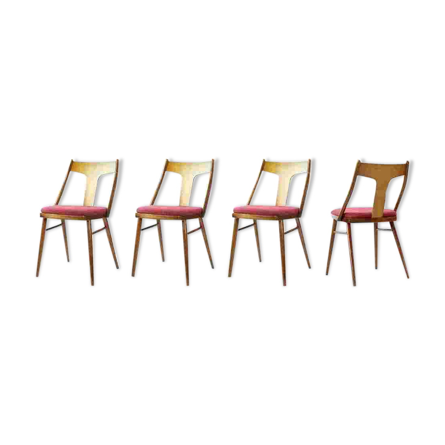 Elegant Dining Chairs In Wood And Pink Upholstery, Czechoslovakia 1960s, Se