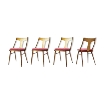 Elegant Dining Chairs In Wood And Pink Upholstery, Czechoslovakia 1960s, Se