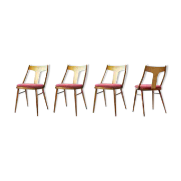 4 chaises de salle à manger en bois et tissu rose, Tchécoslovaquie, années 1960