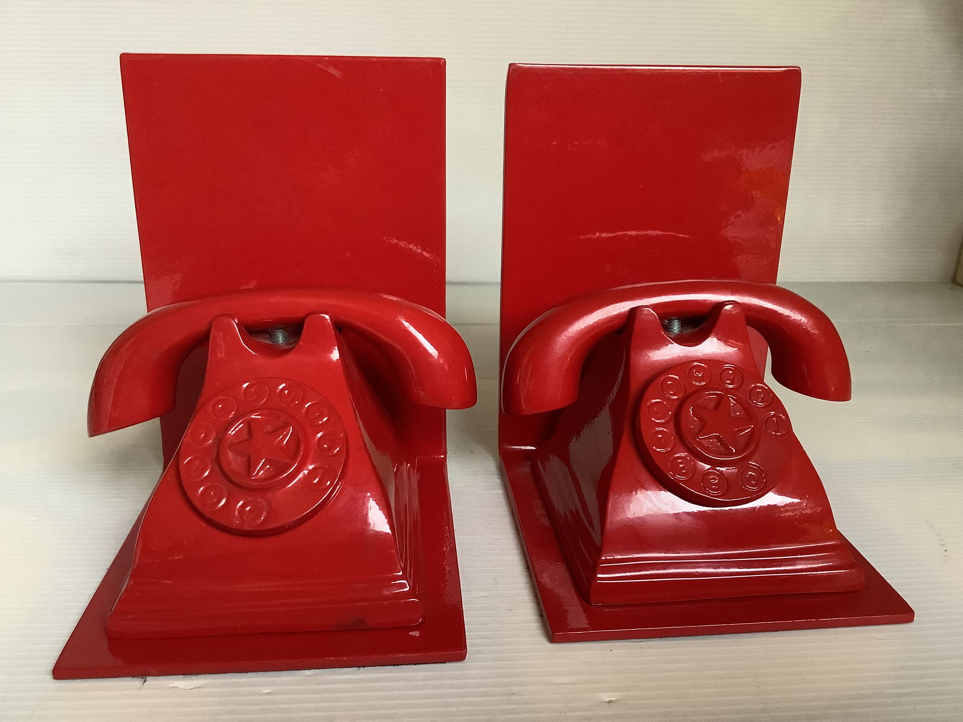 Pair of red telephone bookends