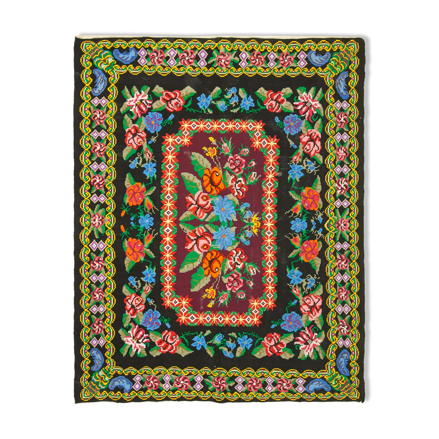 Handwoven Vintage Flatweave Black Kilim 216 cm