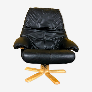 Danish vintage black leather swivel chair 1970s
