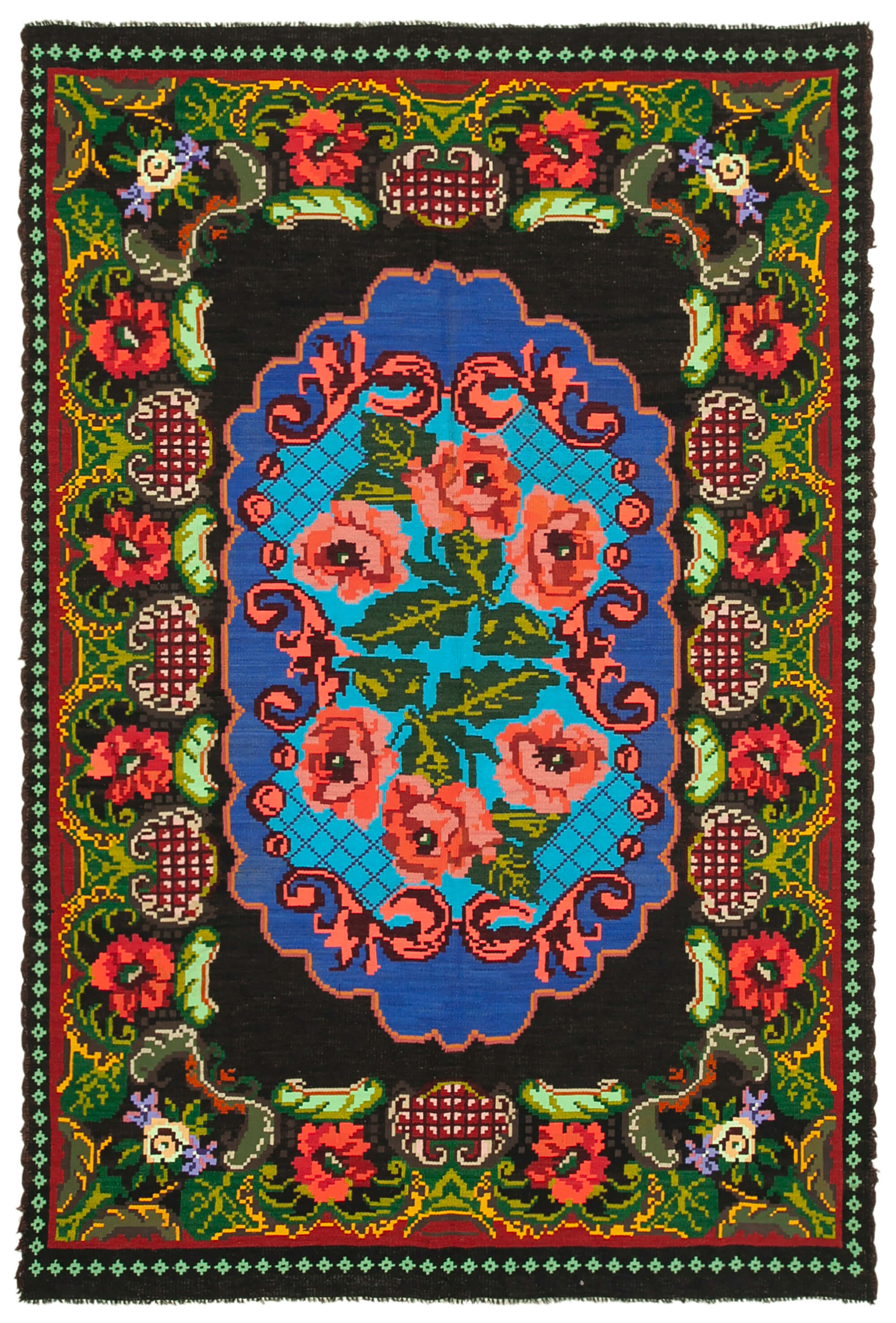 Handmade Vintage Moldovian Black Kilim 200 cm