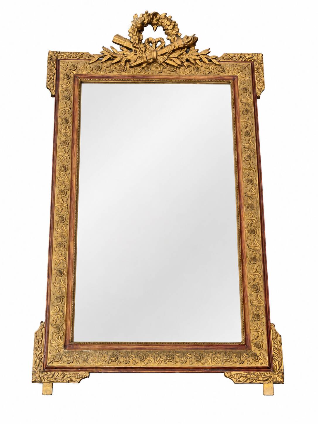 Large gold mirror in Louis XVI style with laurel crown, 121 cm.