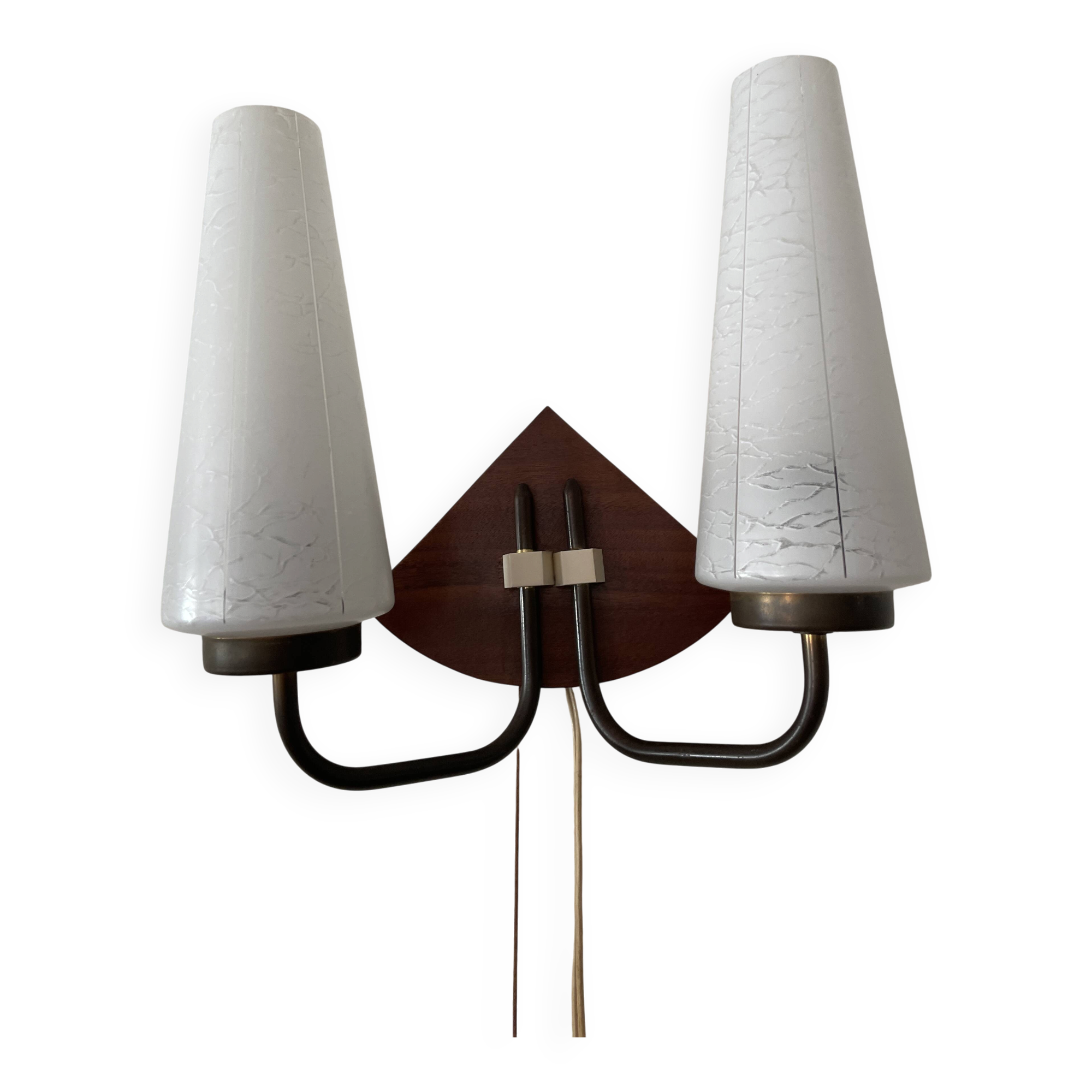 Art deco opaline, wood and brass 2 armed wall light
