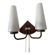 Art deco opaline, wood and brass 2 armed wall light