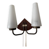 Art deco opaline, wood and brass 2 armed wall light